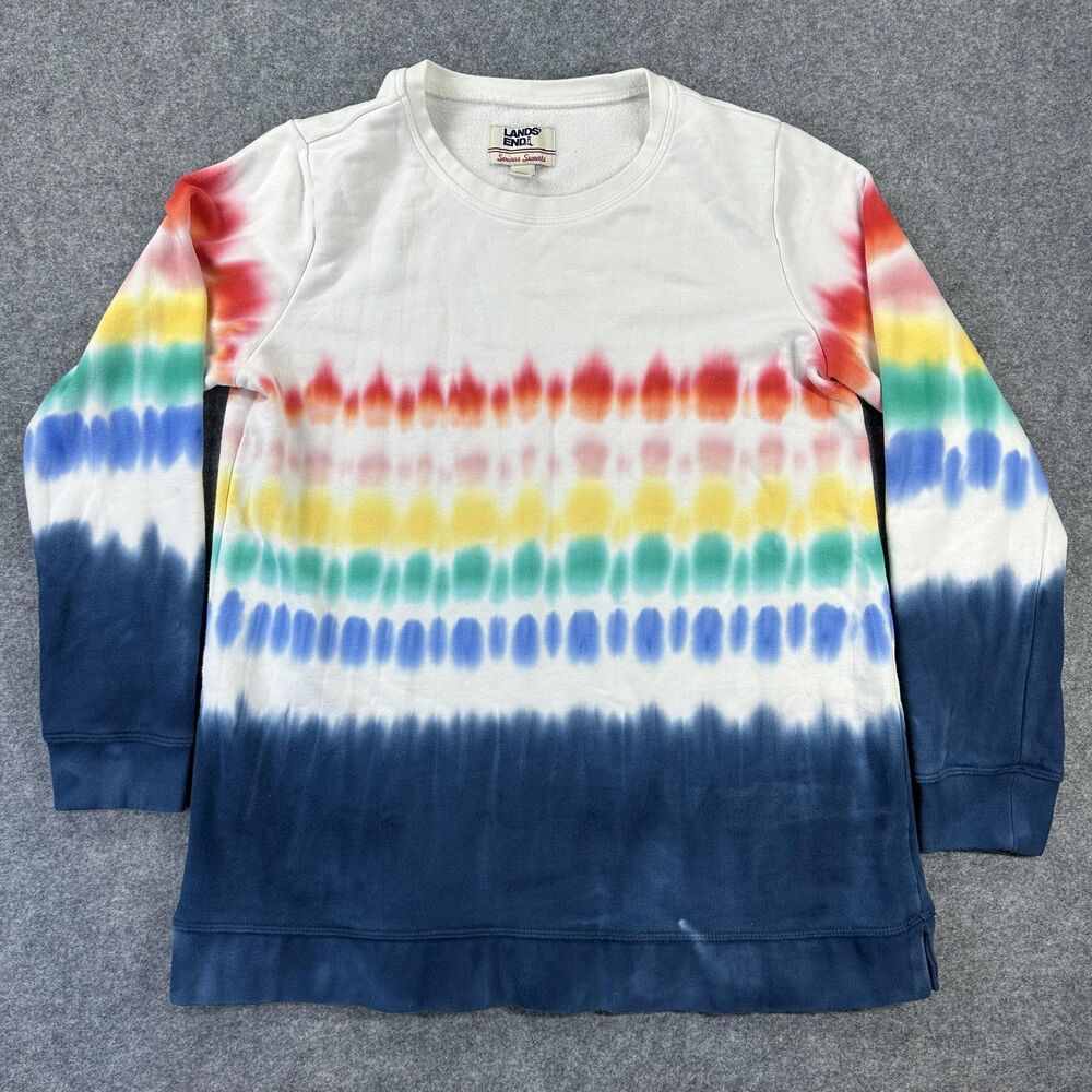 Lands' End Sweatshirt Womens Medium Multicolor Tie Dye Serious Sweats Rainbow